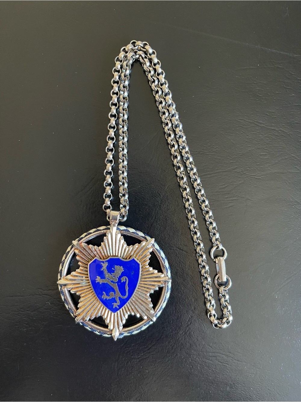 Vintage silver tone Blue enamel Heraldic Pendant necklace.
